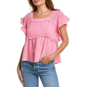 Fate Pink Square Neck Eyelet Lace Ruffled Short Sleeve Pink Peasant Top Size S